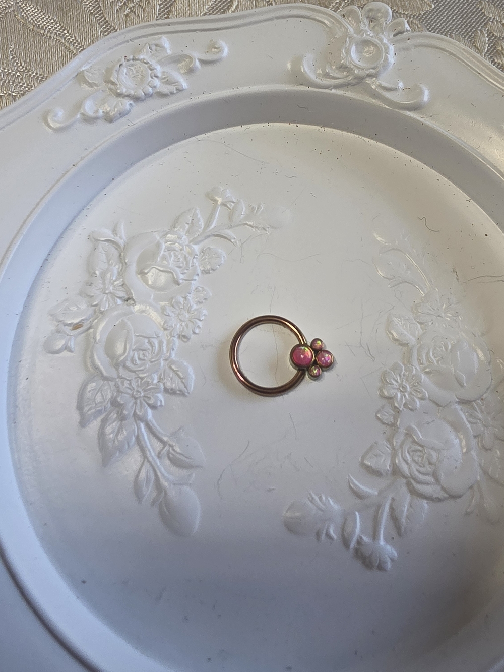 Bronze Tone Nose Ring with Pink Opal Gem Cluster